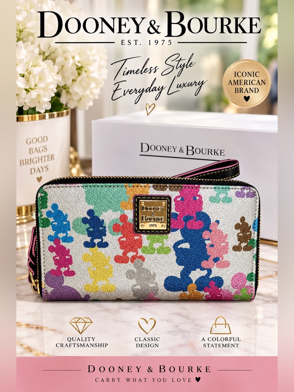 Dooney & Bourke Silver Multicolor Mickey Zip Wallet